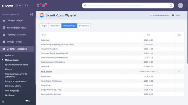 Święta i urlopy w aplikacji