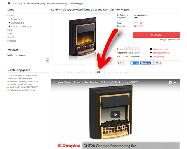 Dodatkowa zakładka z filmem na stronie produtku