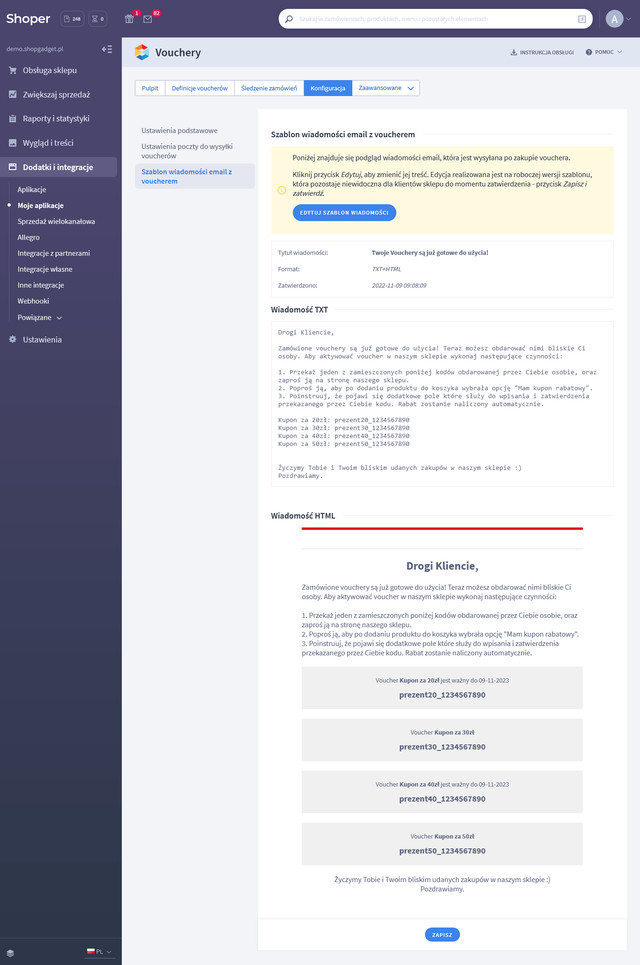 Konfiguracja wiadomości z voucherem