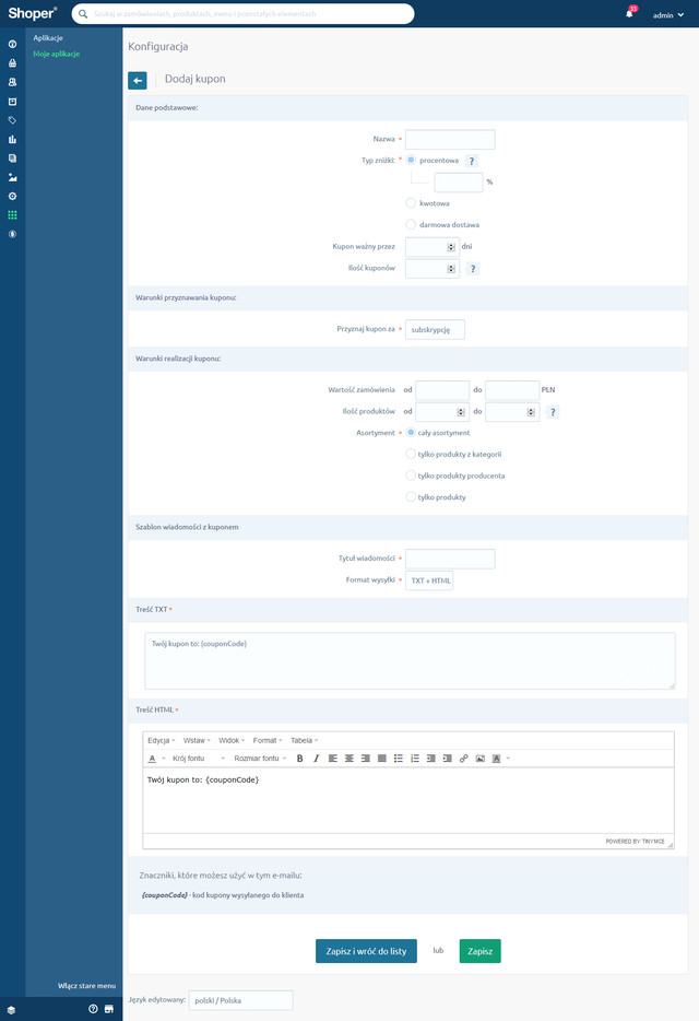 Konfiguracja kuponu rabatowego