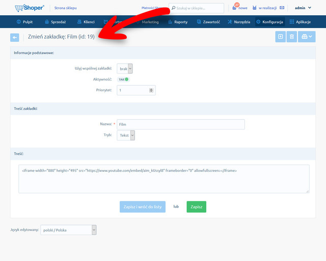 Edycja treści zakładki produktu