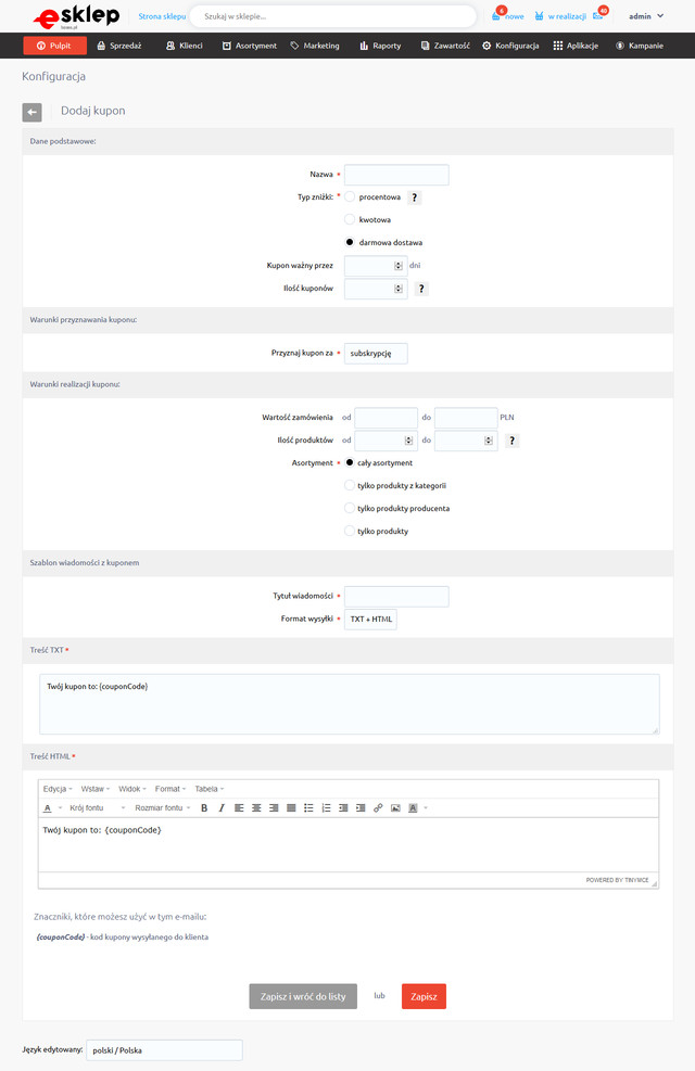 Konfiguracja kuponu rabatowego