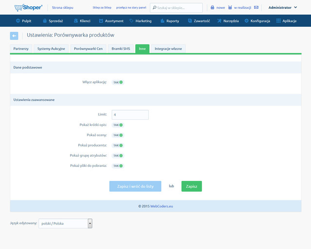 Konfiguracja parametrów aplikacji.
