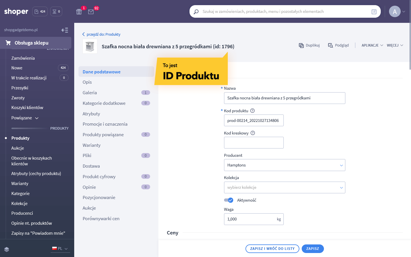 Edycja produktu w Shoper