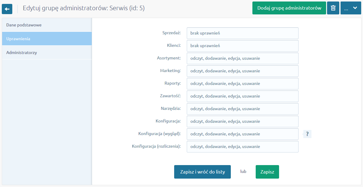 Uprawnienia w grupie administratorów