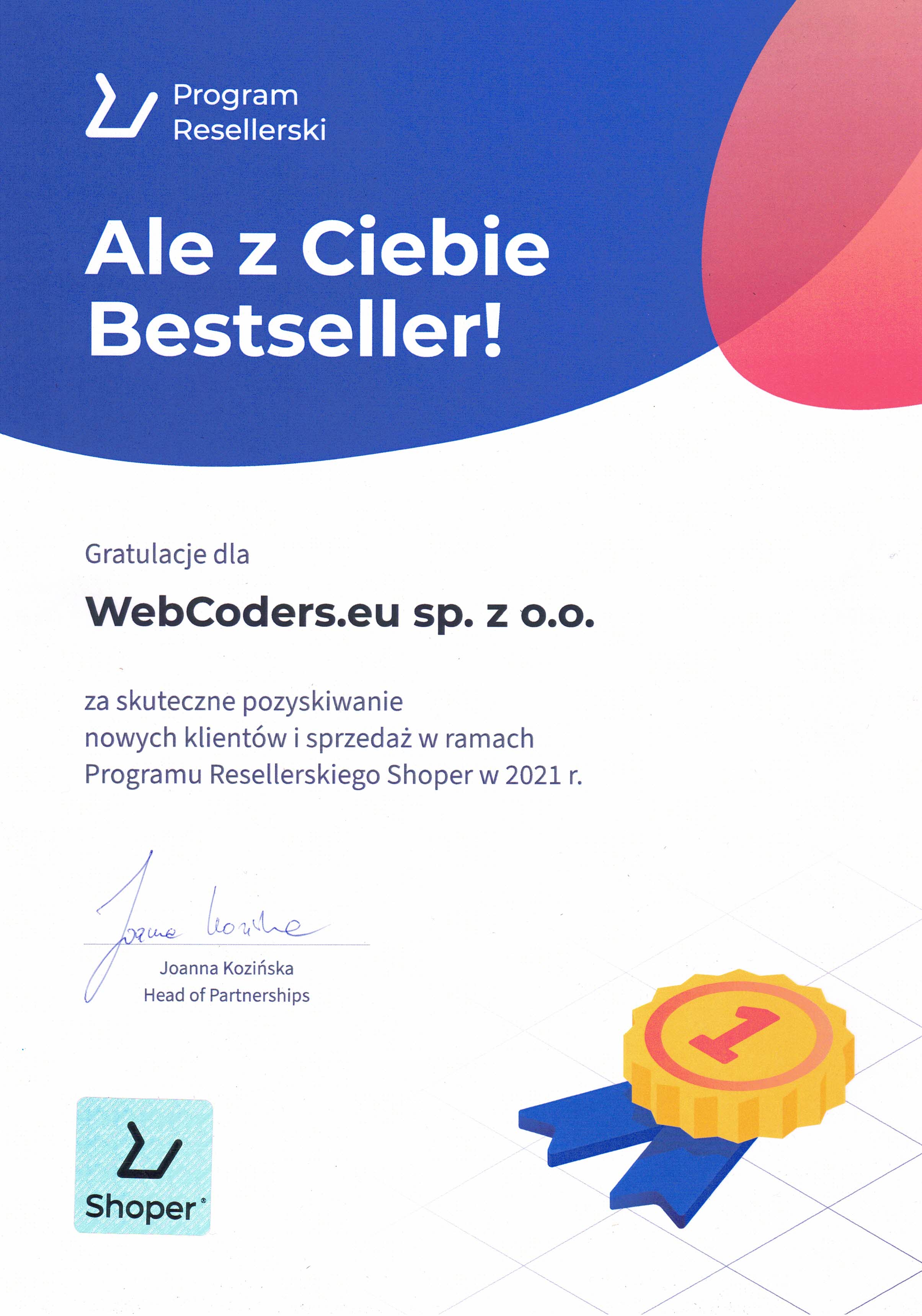 Program Resellerski Shoper - Gratulacje i wyróżnienie dla ShopGadget.pl od WebCoders.eu Sp. z o.o.